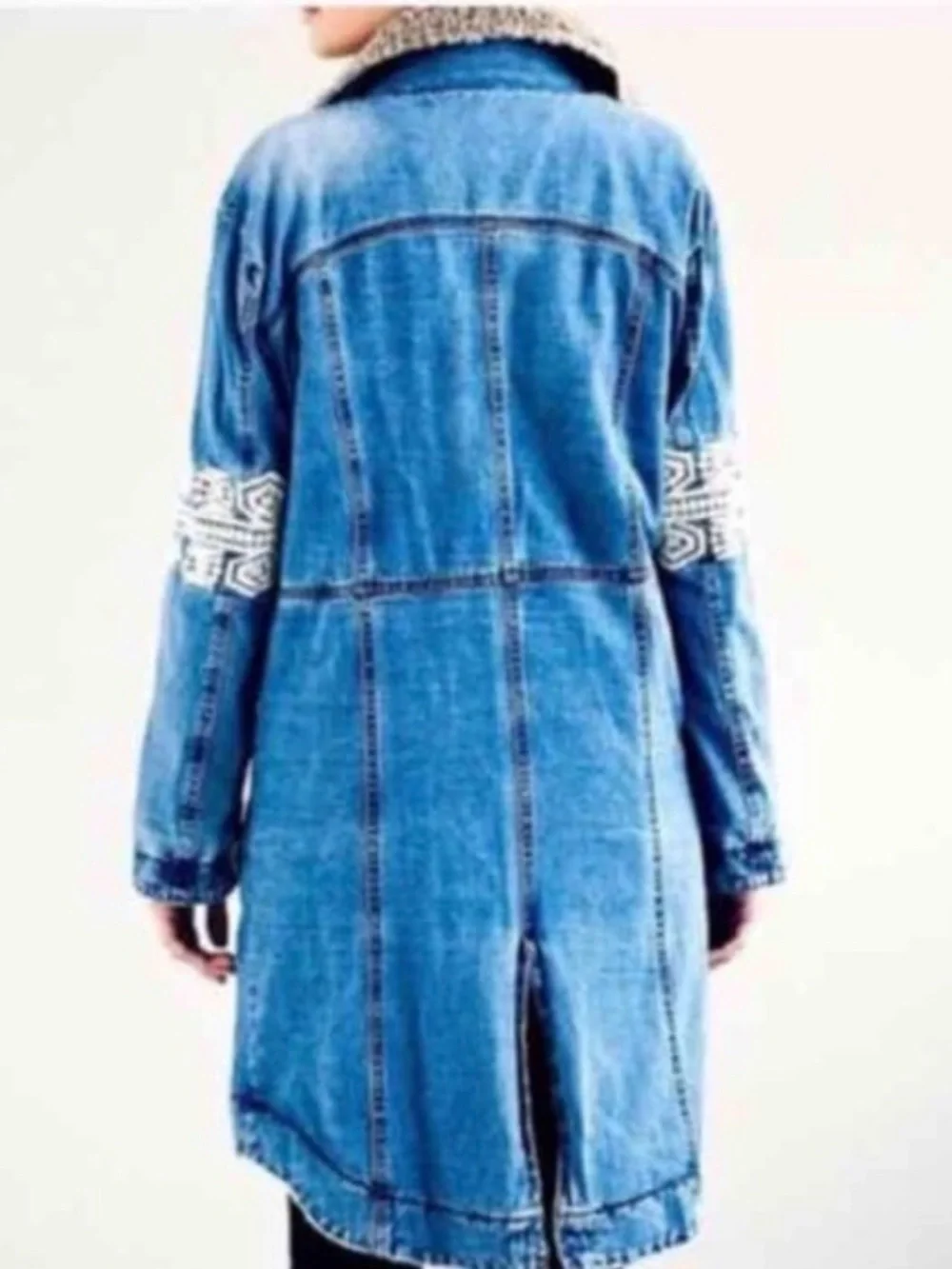 Free People Blue Denim Sherpa-Trim Embroidered Sleeve Jacket RARE - Picture 5 of 6